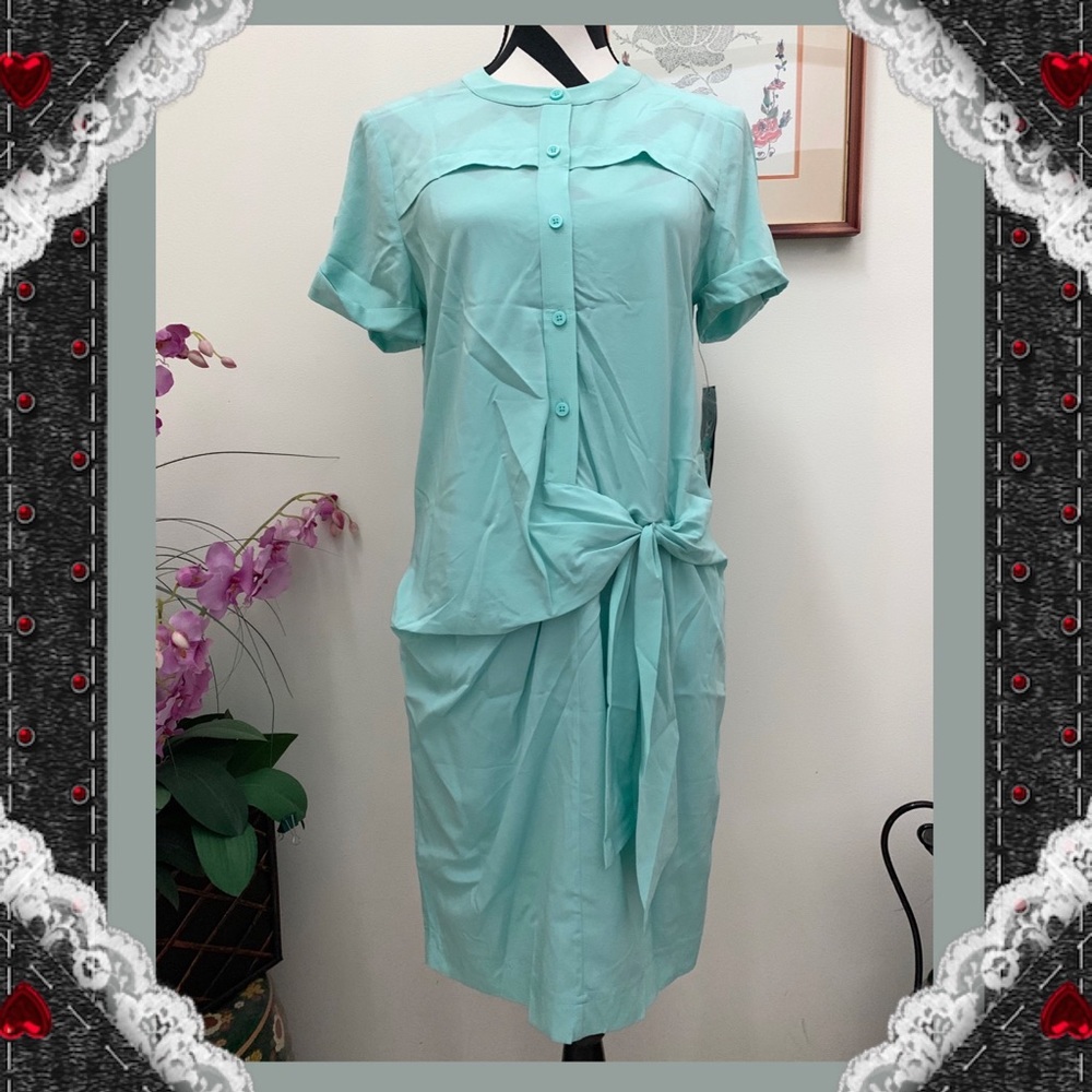 DKNY Side Twist Turquoise Silk Shirt Dress